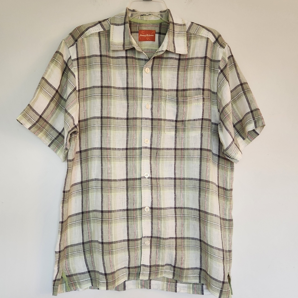 Tommy Bahama Pistachio Green & Cream Linen Short Sleeve Logo Tag Men's Shirt